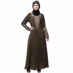 A-line abaya with Resham embroidery work- Olive Green